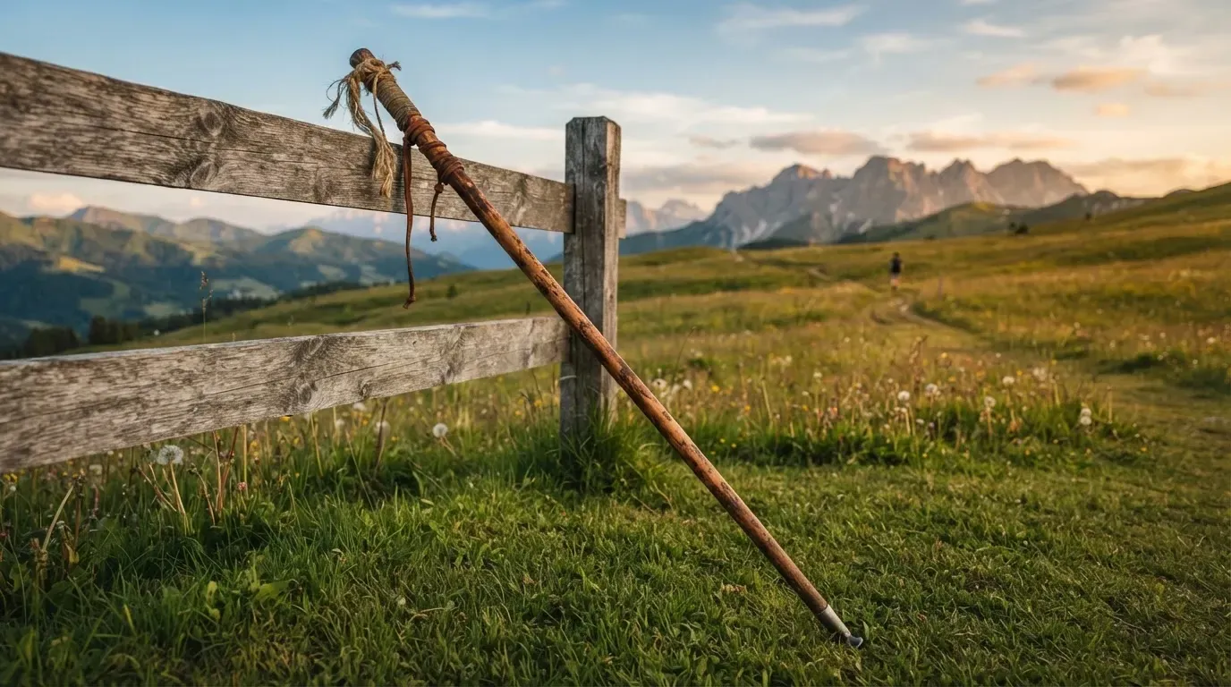 Ein Wanderstock lehnt an einem Gartenzaun, dahinter erstreckt sich eine ruhige Alpwiese im Abendlicht.