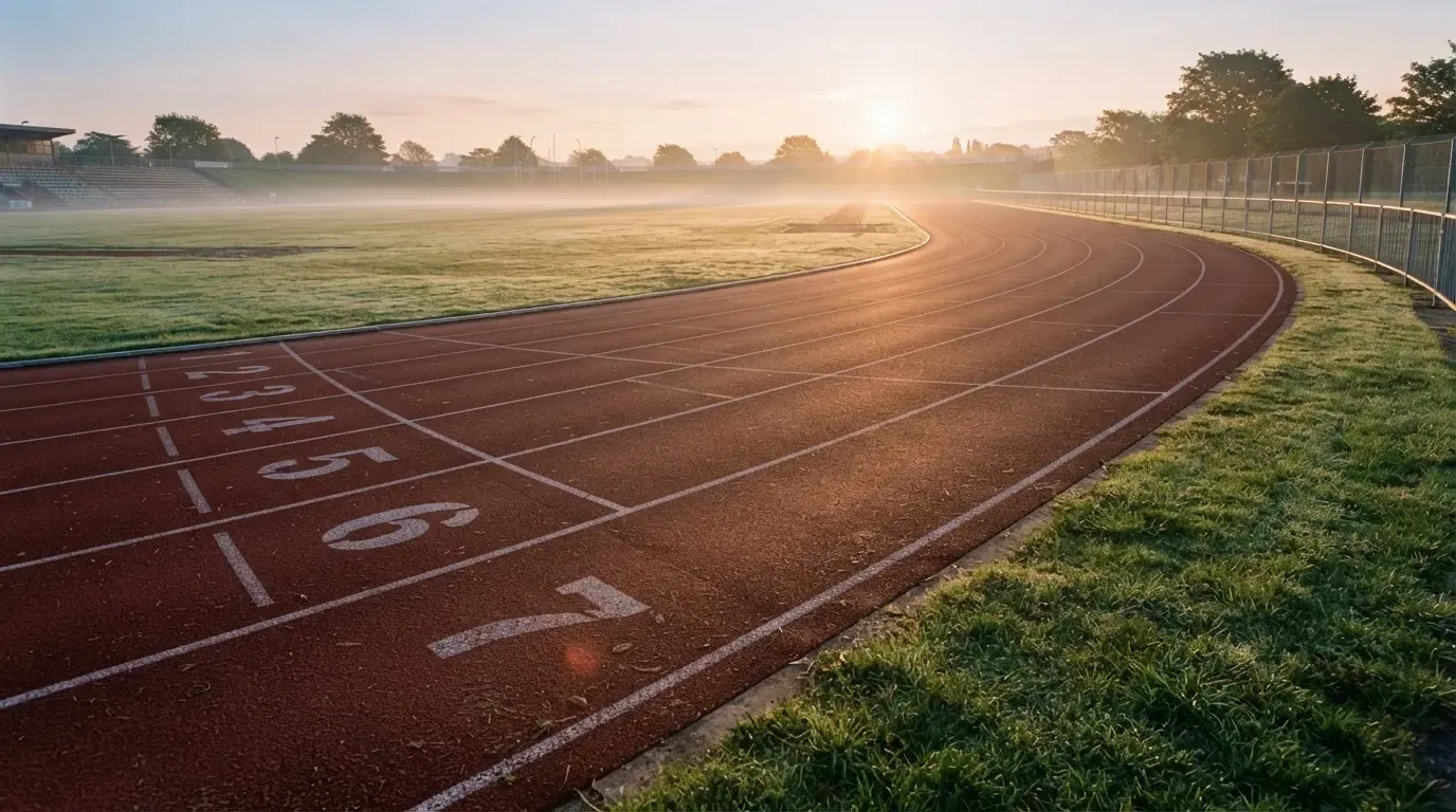 Eine leere Tartanbahn einer Leichtathletikanlage am frühen Morgen, Tau auf den Rasenflächen daneben und tiefstehende Sonne.