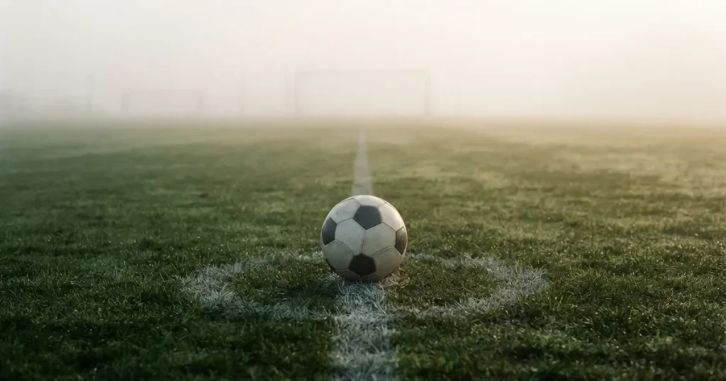 Ein Fussball liegt auf dem Anstosspunkt eines leeren Rasenplatzes im dichten Morgennebel.