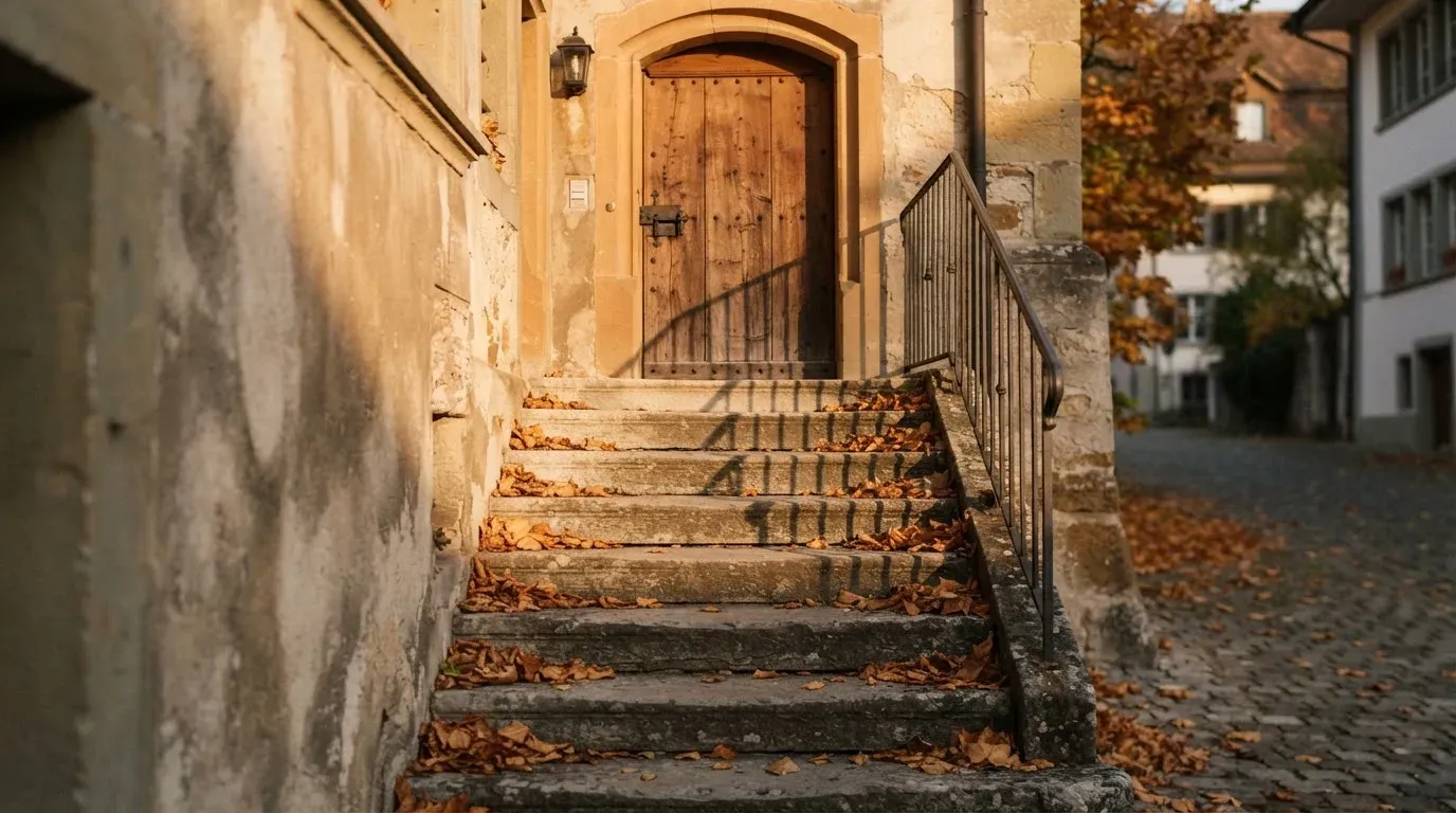 Eine Steintreppe mit Geländer führt zu einer hohen Holztür eines alten Gebäudes, Herbstlaub liegt auf den Stufen.