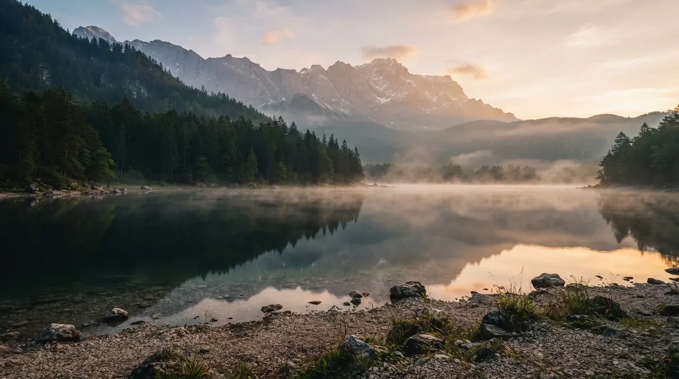 Ein ruhiger Bergsee mit Nebel am Ufer bei Sonnenaufgang, am Hang dahinter dunkle Tannen.