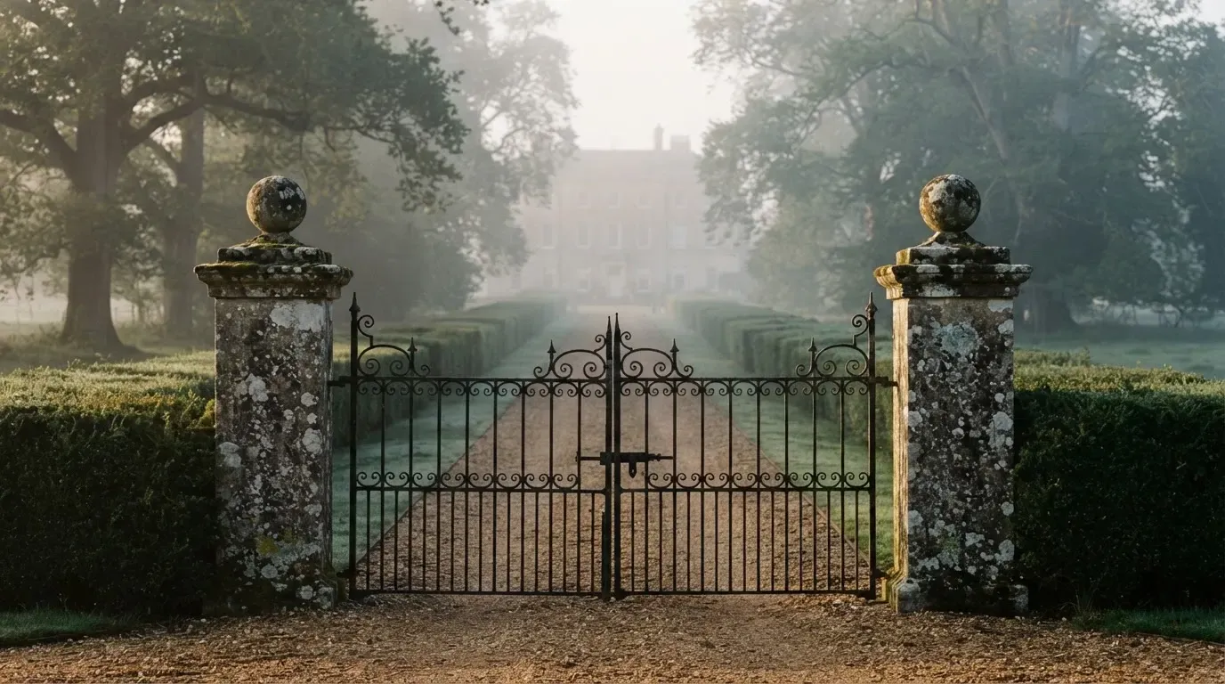 Ein schmiedeeisernes Gartentor zwischen zwei Steinpfosten am Ende einer Kiesallee, dahinter ein Herrenhaus im Dunst.