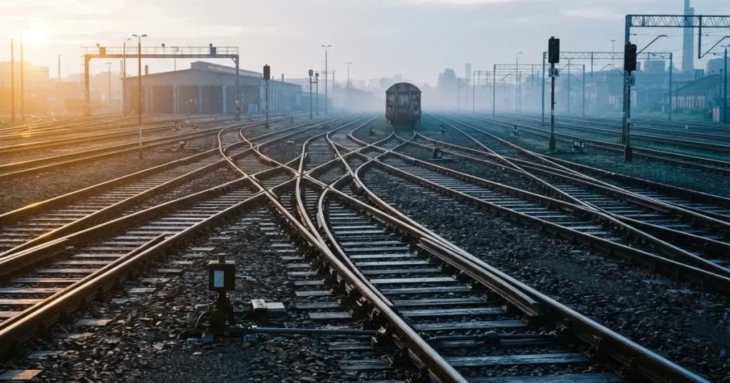 Ein Rangierbahnhof mit mehreren sich verzweigenden Gleisen und Weichen im Morgenlicht, in der Ferne steht ein Güterwagen.