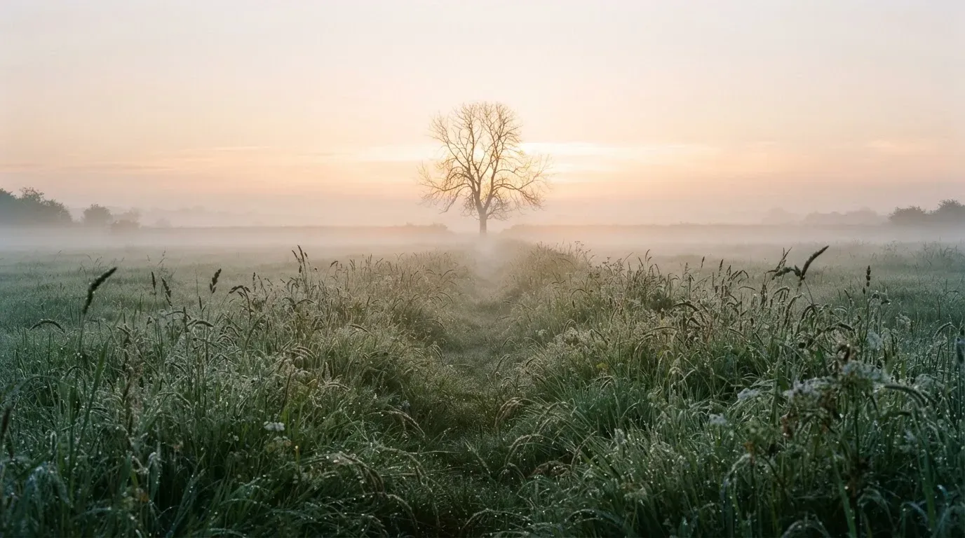 Eine Wiese mit Bodennebel am frühen Morgen, in der Ferne ein einzelner Baum vor hellem Horizont.