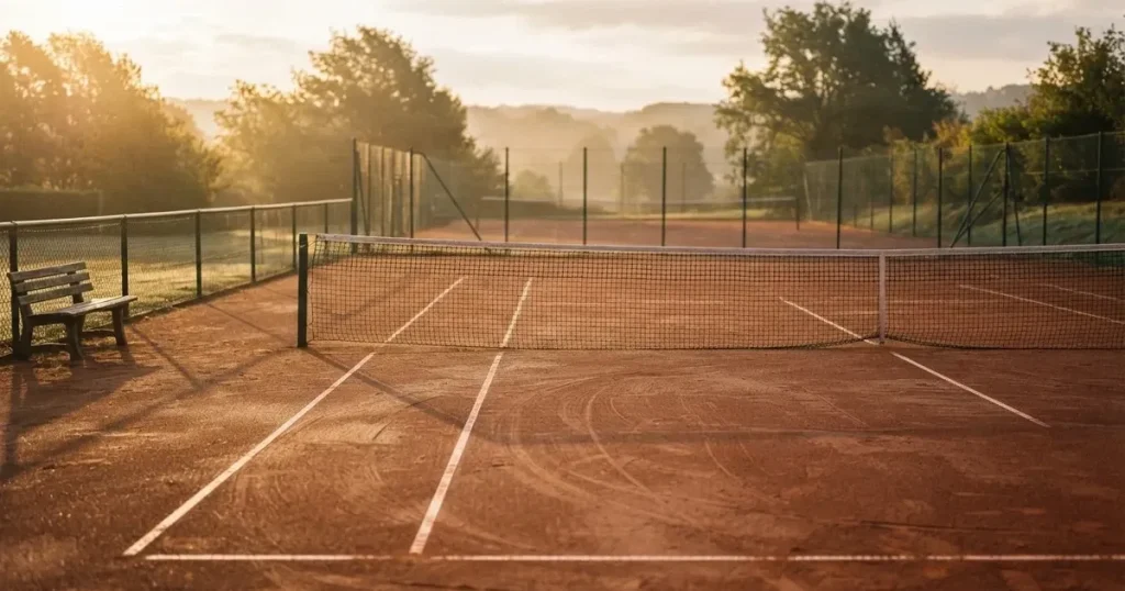 Ein Tennisplatz bei Sonnenaufgang mit gespanntem Netz und feuchtem Sandbelag, niemand steht auf dem Platz.