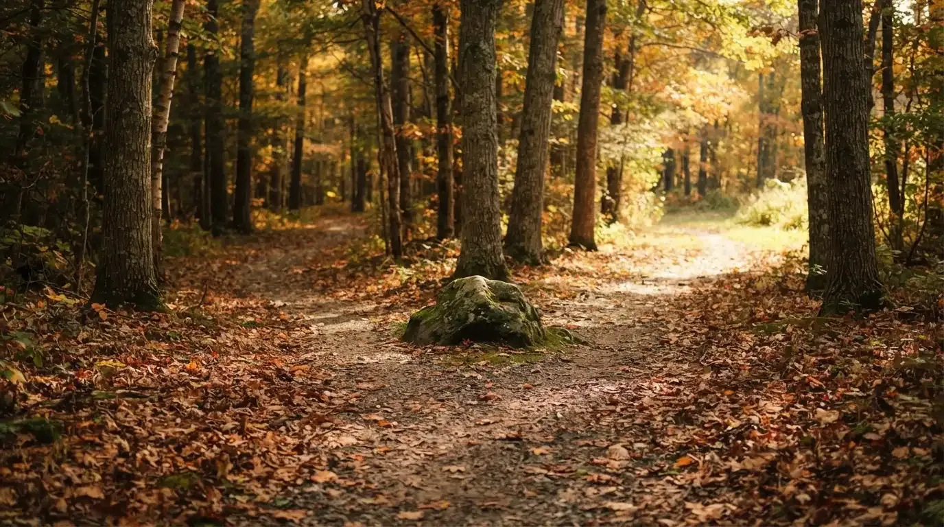 Eine Wegkreuzung im Wald, an der sich zwei Pfade im Herbstlicht gabeln, Laub bedeckt den Boden.