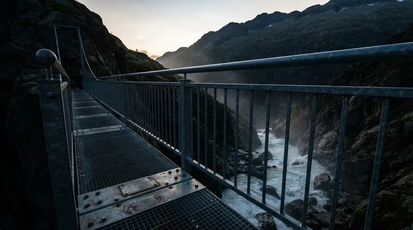 Ein Brückengeländer aus Stahl über einem Gebirgsfluss im Gegenlicht, darunter schäumendes Wasser.