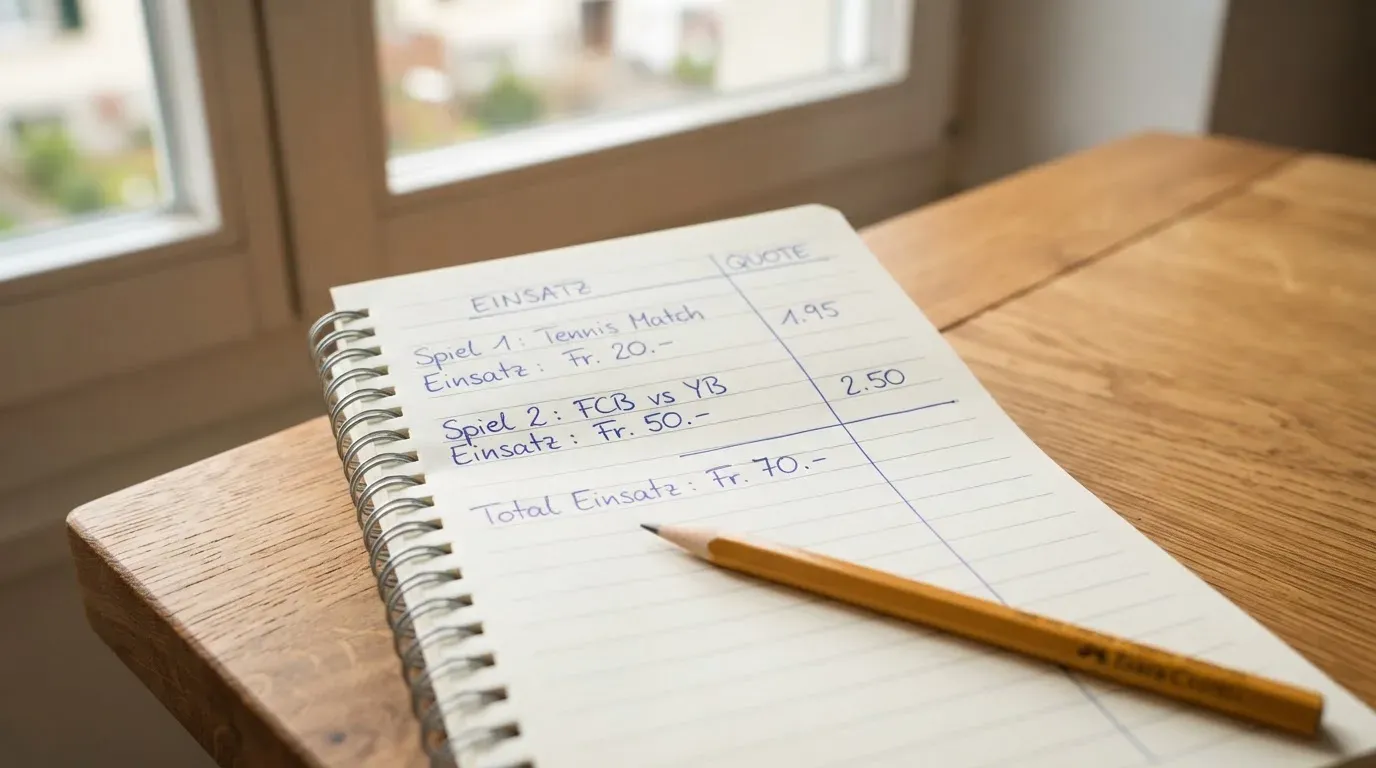 Ein aufgeschlagenes Notizbuch mit handschriftlichen Spalten und ein Bleistift liegen auf einem Holztisch neben einem Fenster.