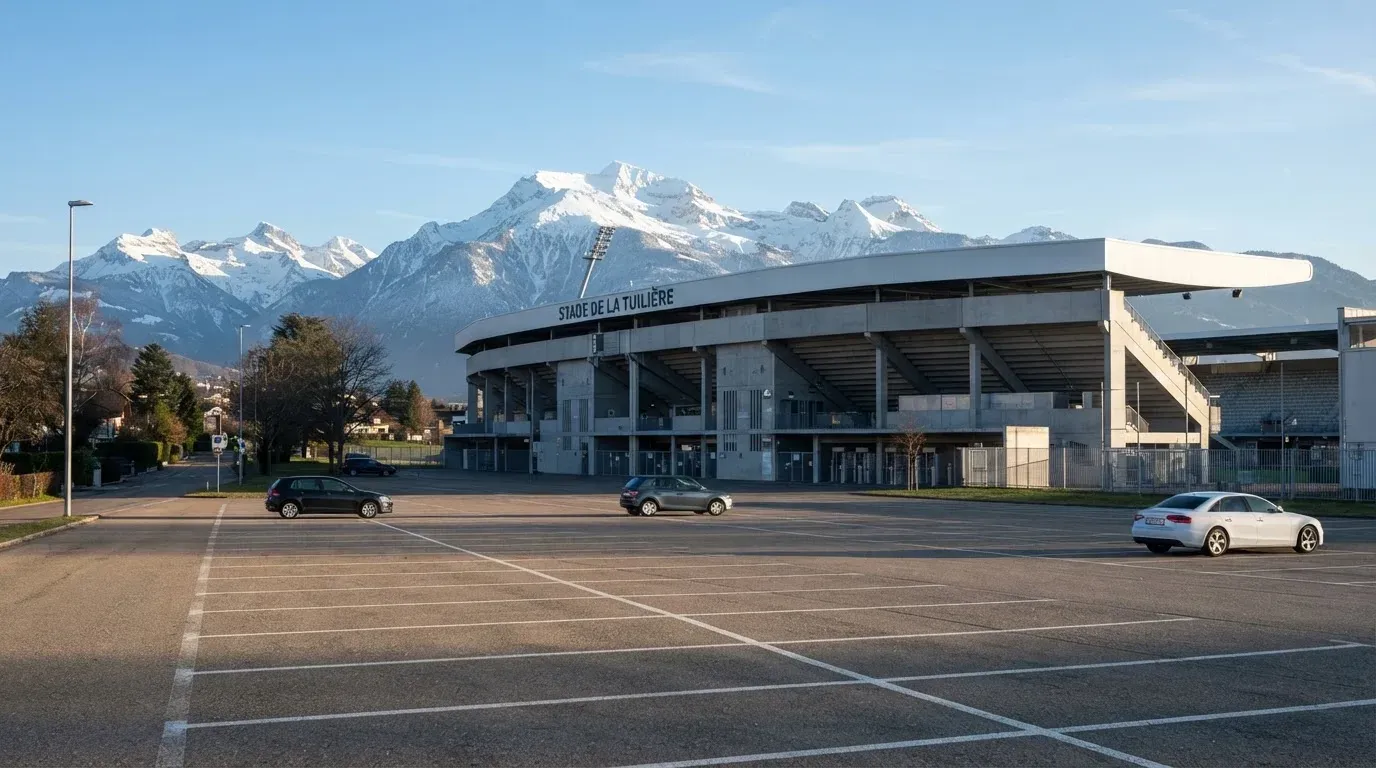 Hinter einem leeren Stadion ragen verschneite Berggipfel in den klaren Morgenhimmel, davor ein Parkplatz im ersten Sonnenlicht.