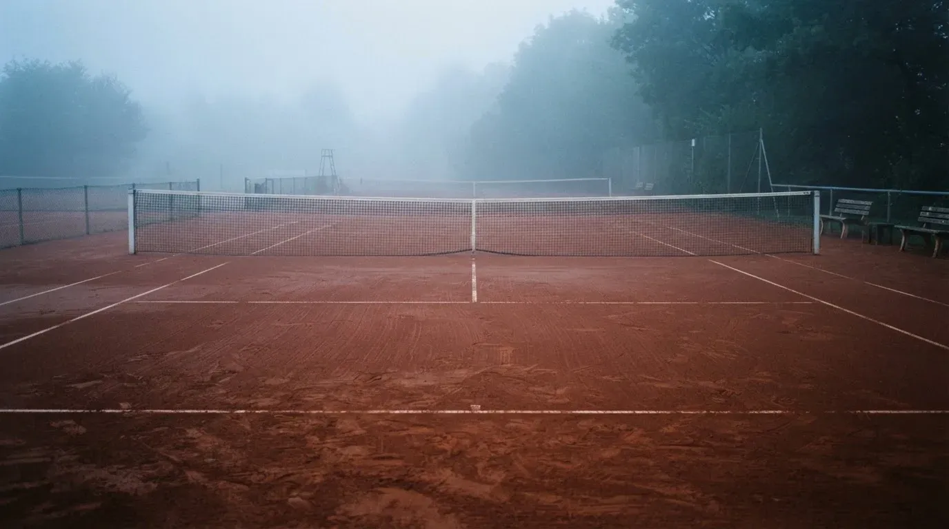 Ein Tennisplatz aus Sand liegt im Morgengrauen still da, Nebel hängt über der Grundlinie und dem aufgespannten Netz.