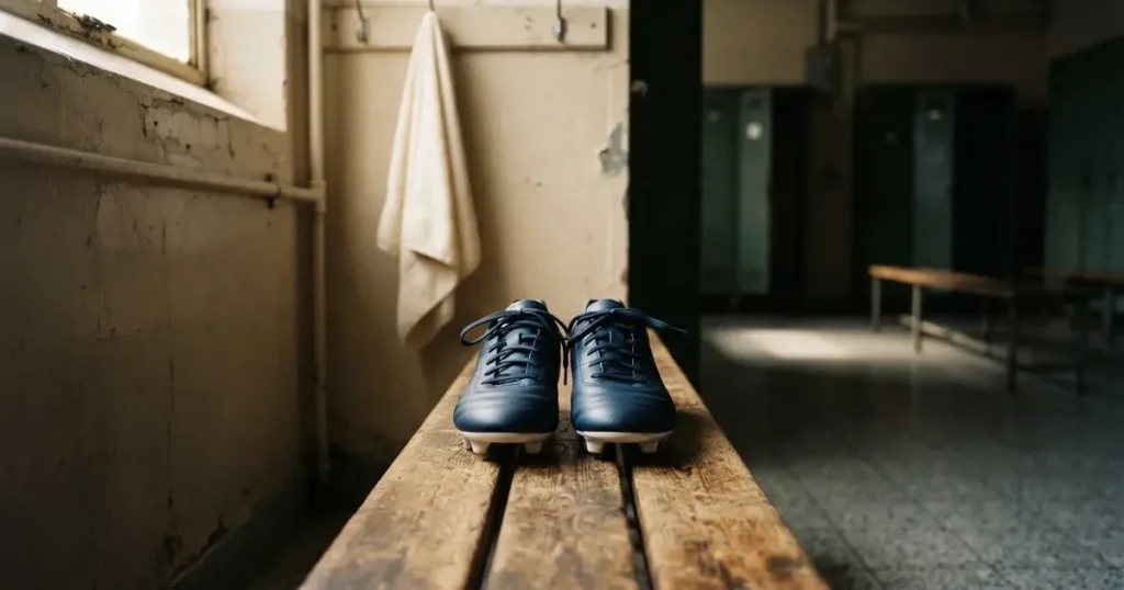 Ein Paar Fussballschuhe steht auf einer Holzbank in einer leeren Umkleide, über der Bank hängt ein Handtuch.