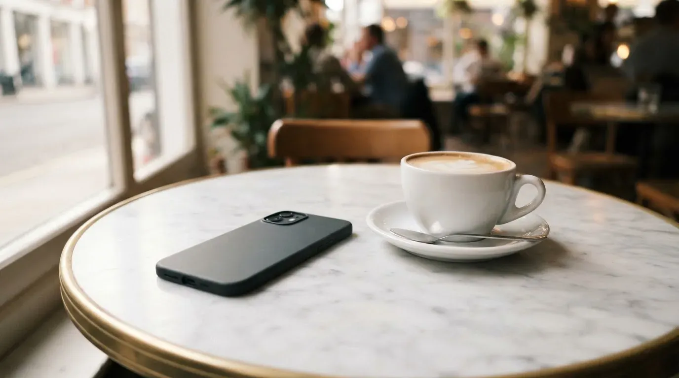 Ein Smartphone liegt mit der Rückseite nach oben auf einem Kaffeehaustisch neben einer Tasse und einem Löffel.