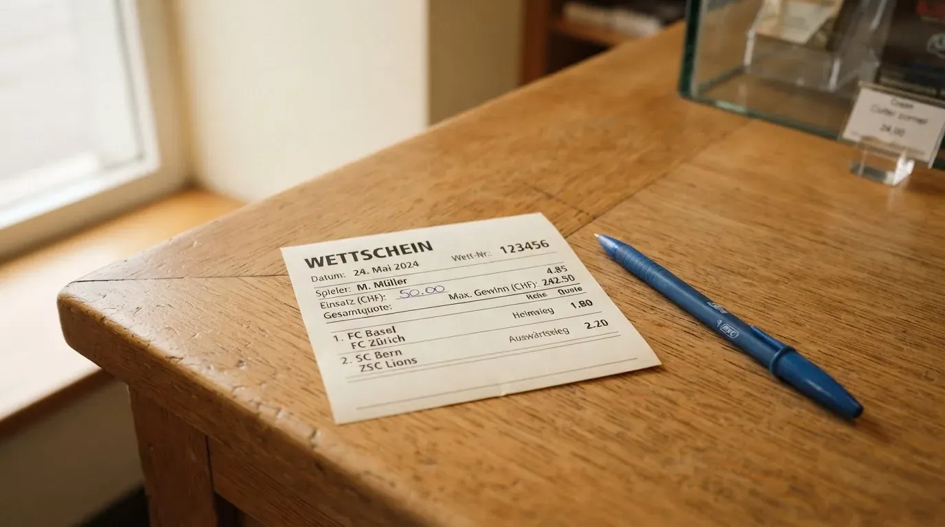 Ein unbeschriebener Papierwettschein und ein Kugelschreiber liegen auf einer hölzernen Ladentheke im Tageslicht.