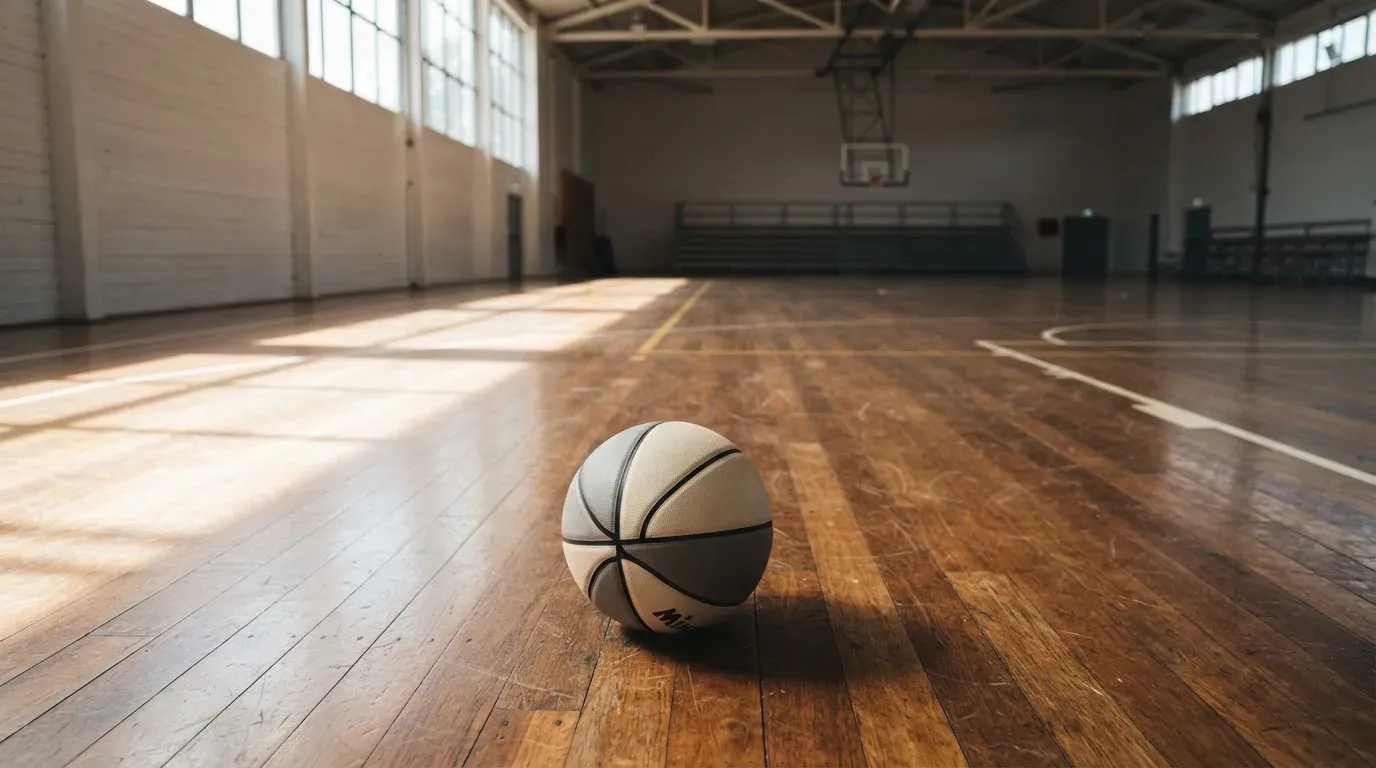 Ein Basketball ruht auf dem Parkett einer leeren Sporthalle, durch hohe Fenster fällt Tageslicht.