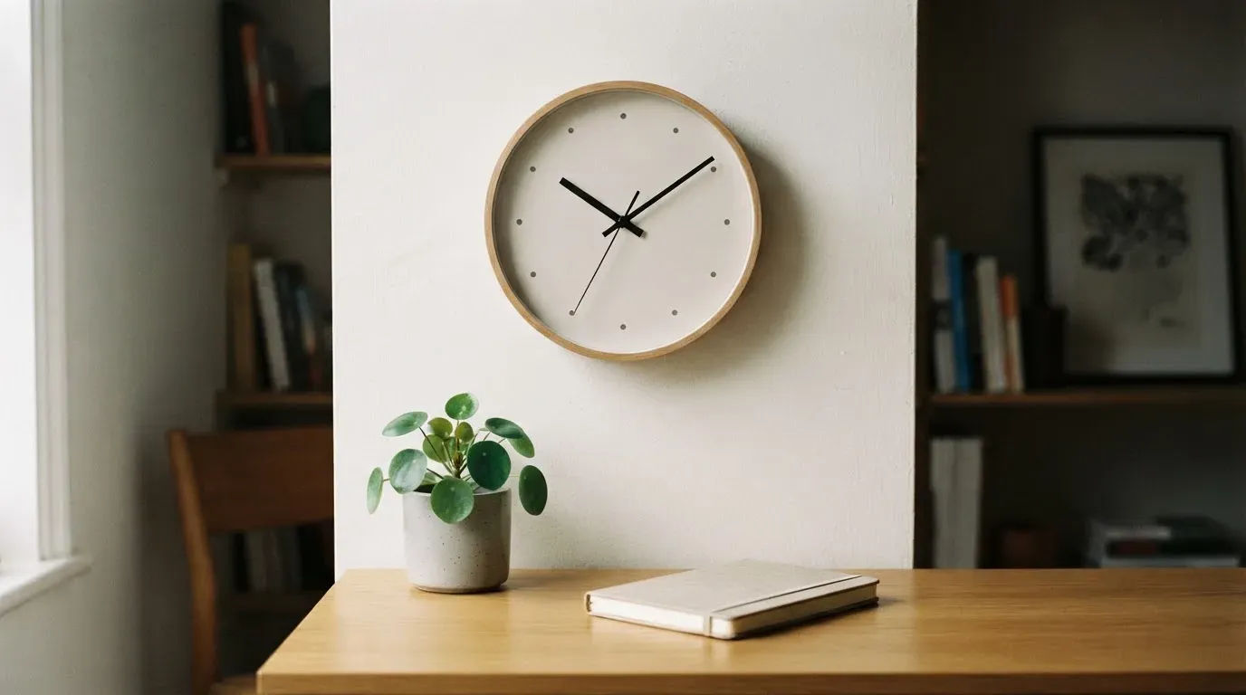 Eine Wanduhr hängt in einem ruhigen Büro, davor ein aufgeräumter Tisch mit einer Pflanze.