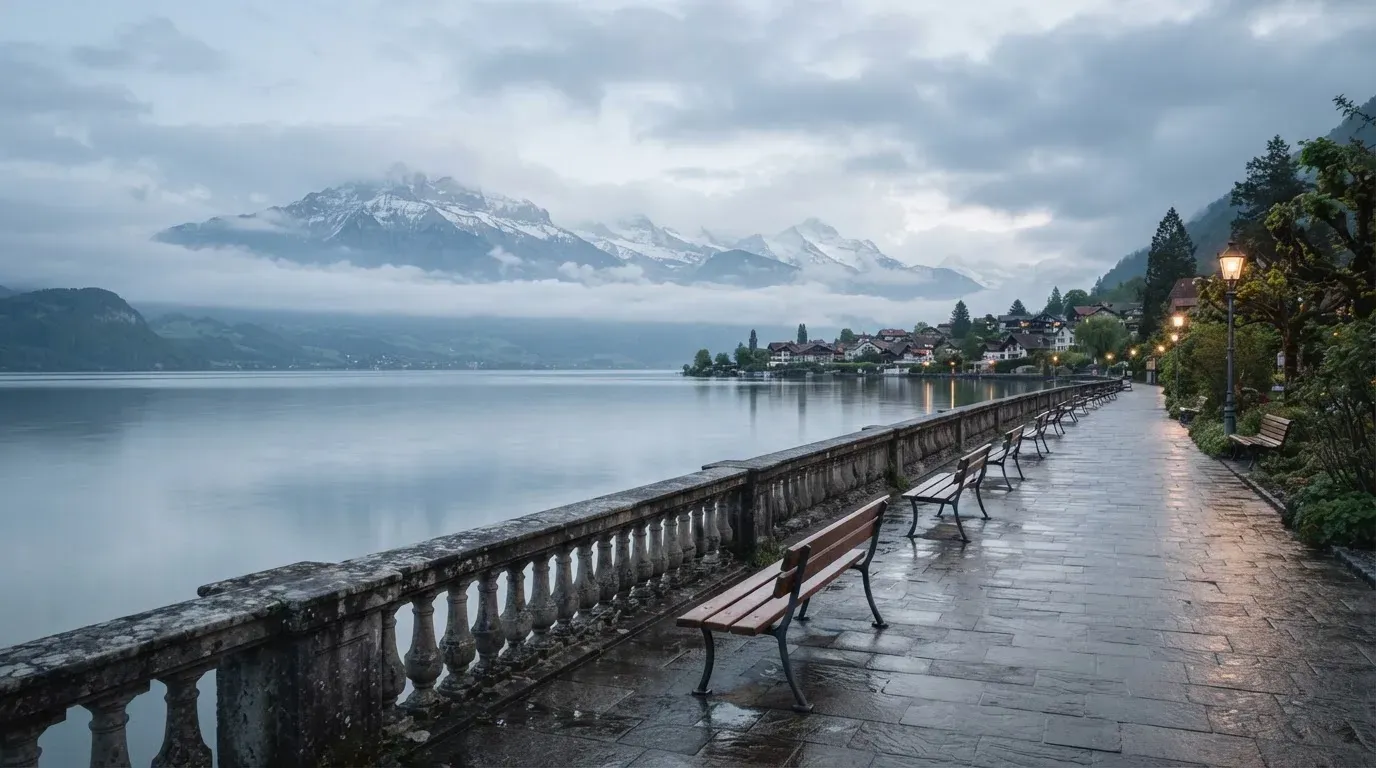 Eine Uferpromenade an einem Schweizer See liegt am frühen Morgen leer da, am anderen Ufer ragen Berge auf.