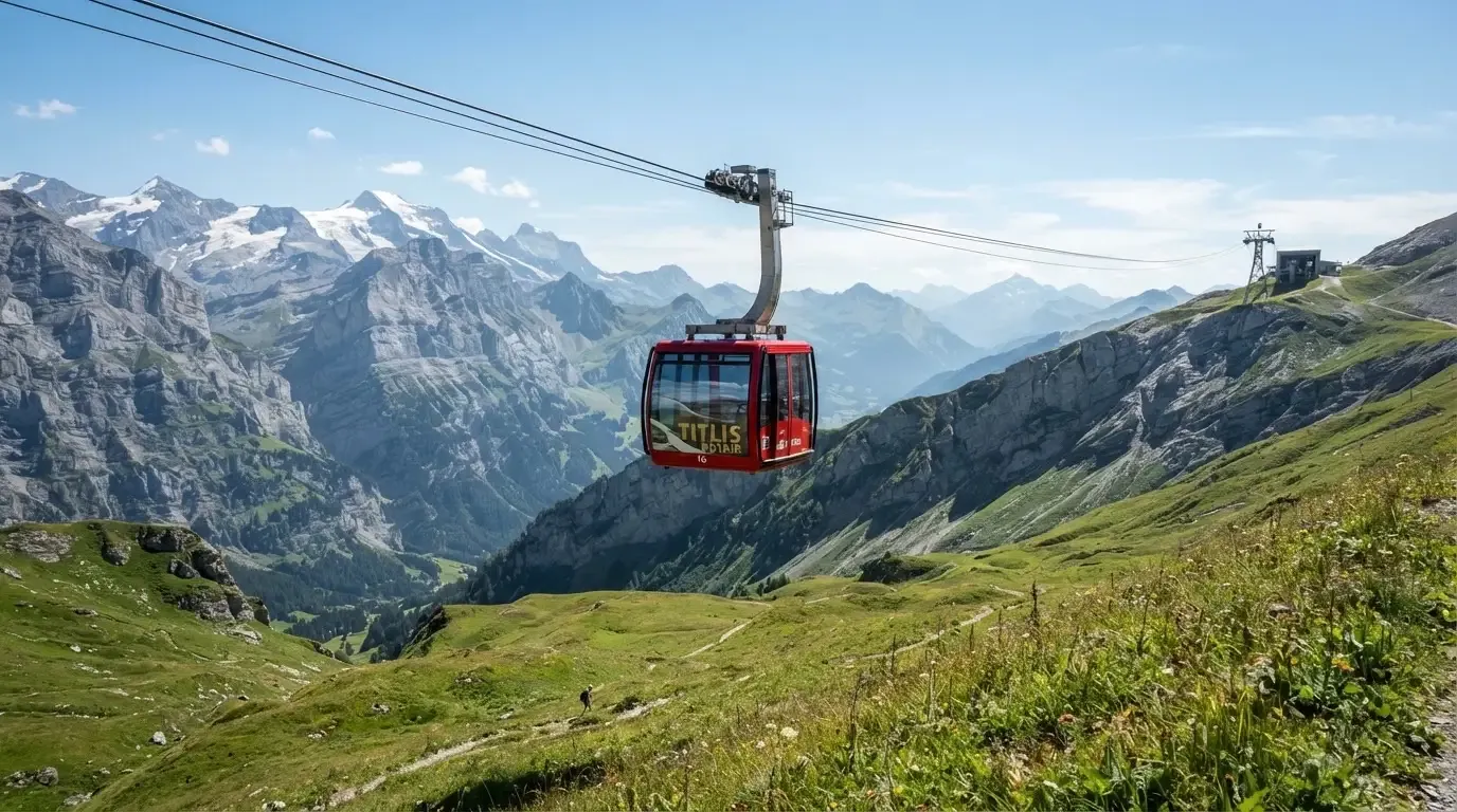 Eine Seilbahnkabine schwebt über einer Alpwiese, im Hintergrund zeichnen sich Felswände ab.