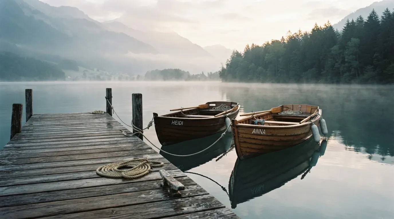 Ruderboote liegen am hölzernen Steg eines Sees, über dem Wasser hängt feiner Morgendunst.