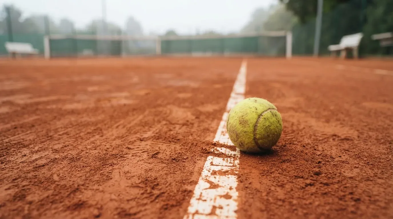 Ein Tennisball liegt auf rotem Sand neben einer verblassten Linie, das Licht ist weich.
