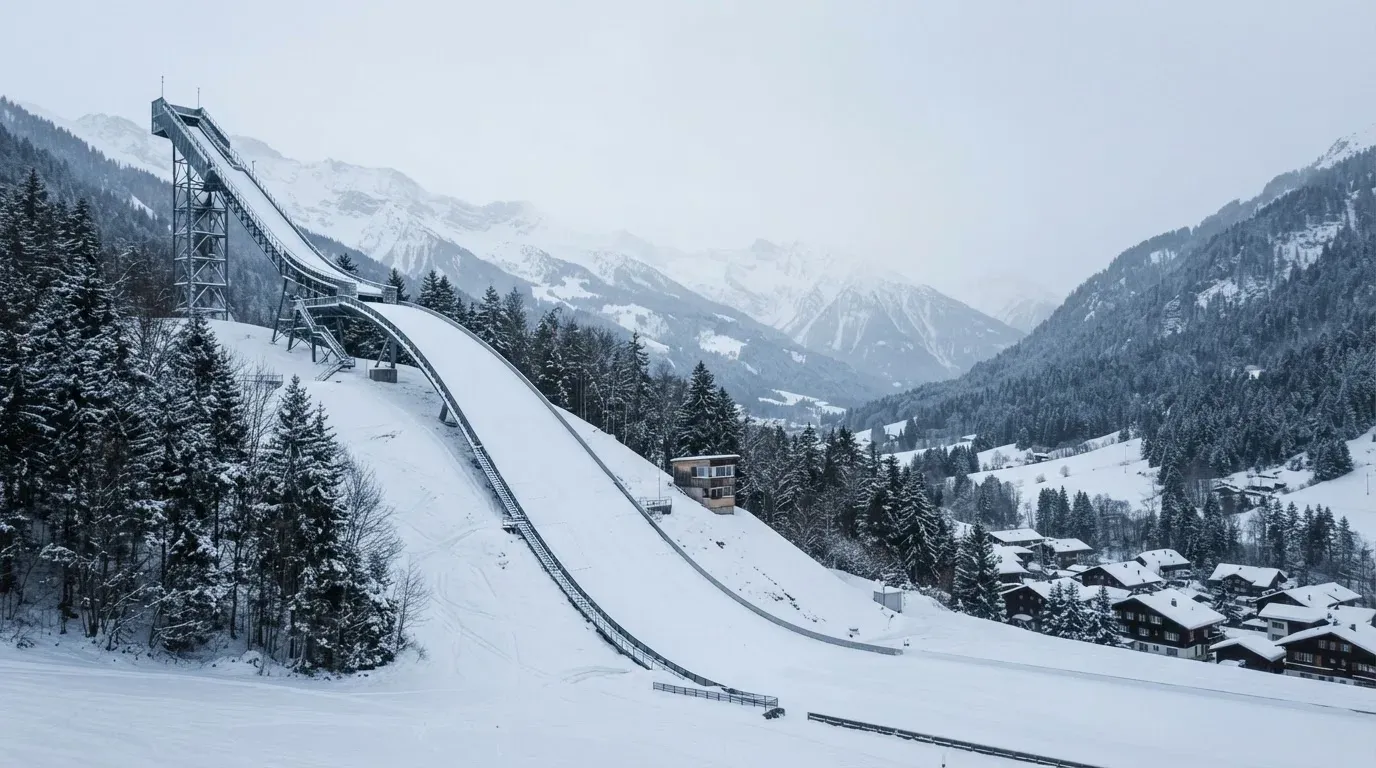 Eine verschneite Skisprungschanze erhebt sich unter grauem Himmel über einem stillen Tal.