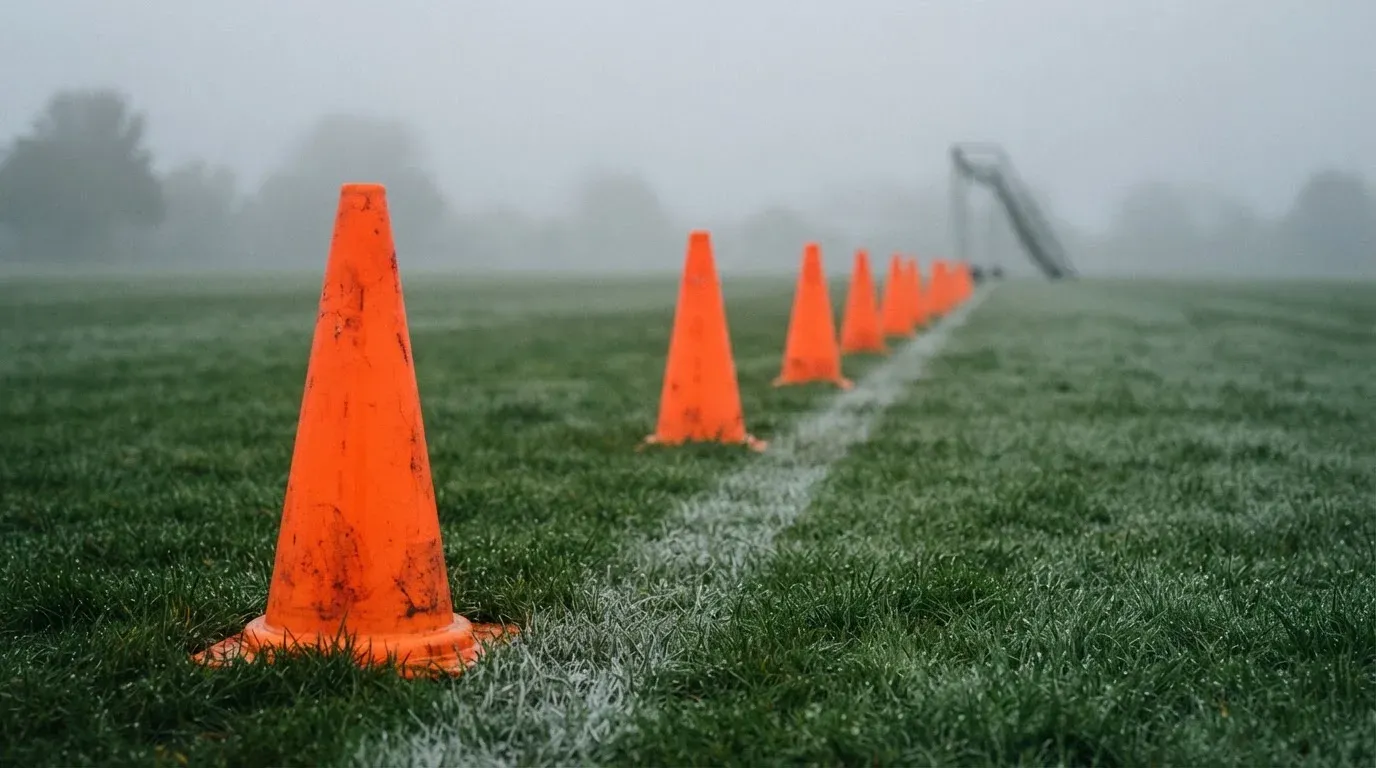 Orange Pylonen stehen auf einem Trainingsplatz im Nebel, die Ränder des Platzes verschwimmen im Dunst.