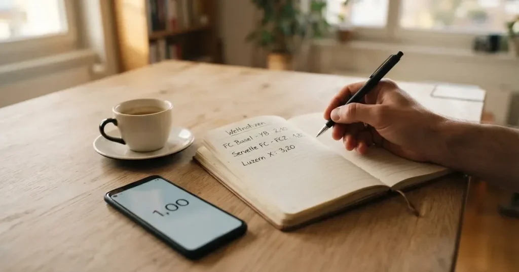 Eine Hand hält einen Stift über einem leeren Blatt, daneben eine Tasse Kaffee auf einem hellen Tisch.