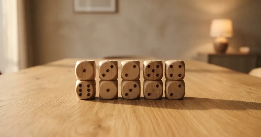 Zehn kleine Holzwürfel liegen in zwei ordentlichen Reihen auf einem hellen Tisch.