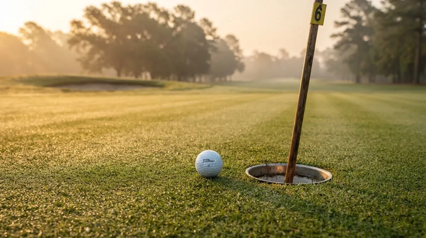 Ein Golfgrün liegt am frühen Morgen im Tau, ein Ball liegt nahe dem Loch.