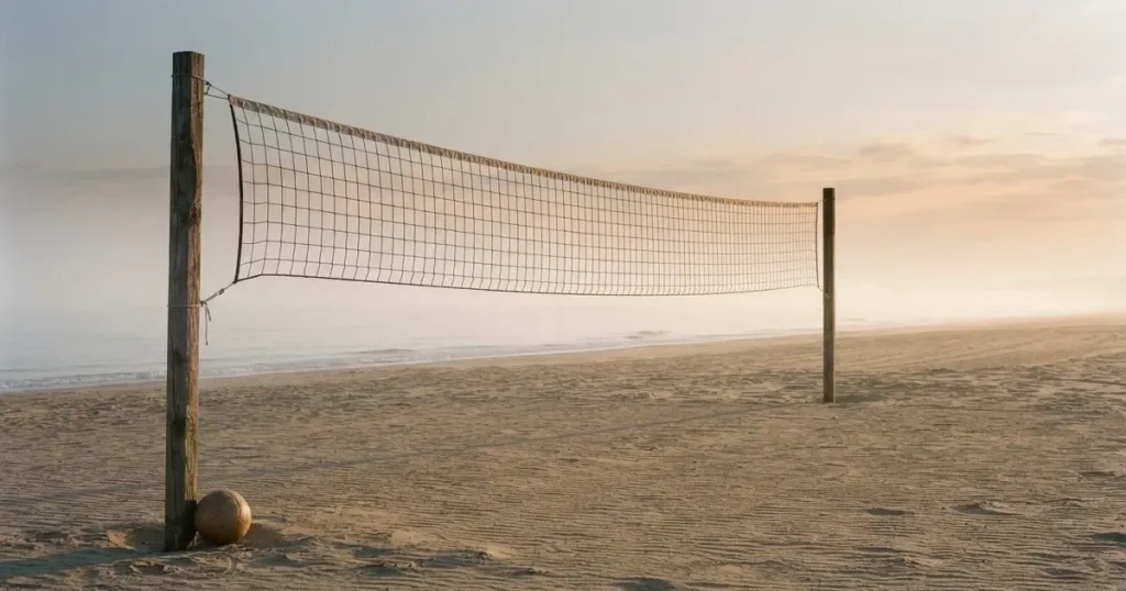 Ein Volleyballnetz spannt sich an einem leeren Sandstrand, das Meer liegt im Dunst.