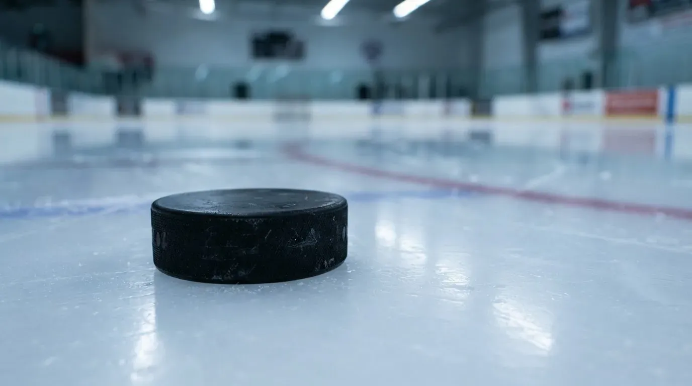Ein Eishockeypuck liegt in Grossaufnahme auf glatter Eisfläche, im Eis spiegeln sich Hallenlichter.