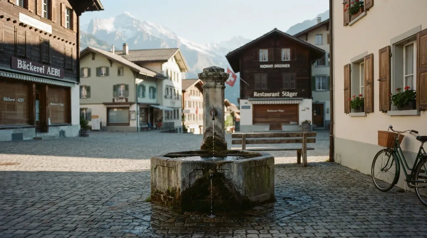 Ein Dorfplatz mit steinernem Brunnen liegt am Vormittag still da, die Läden ringsum sind noch geschlossen.